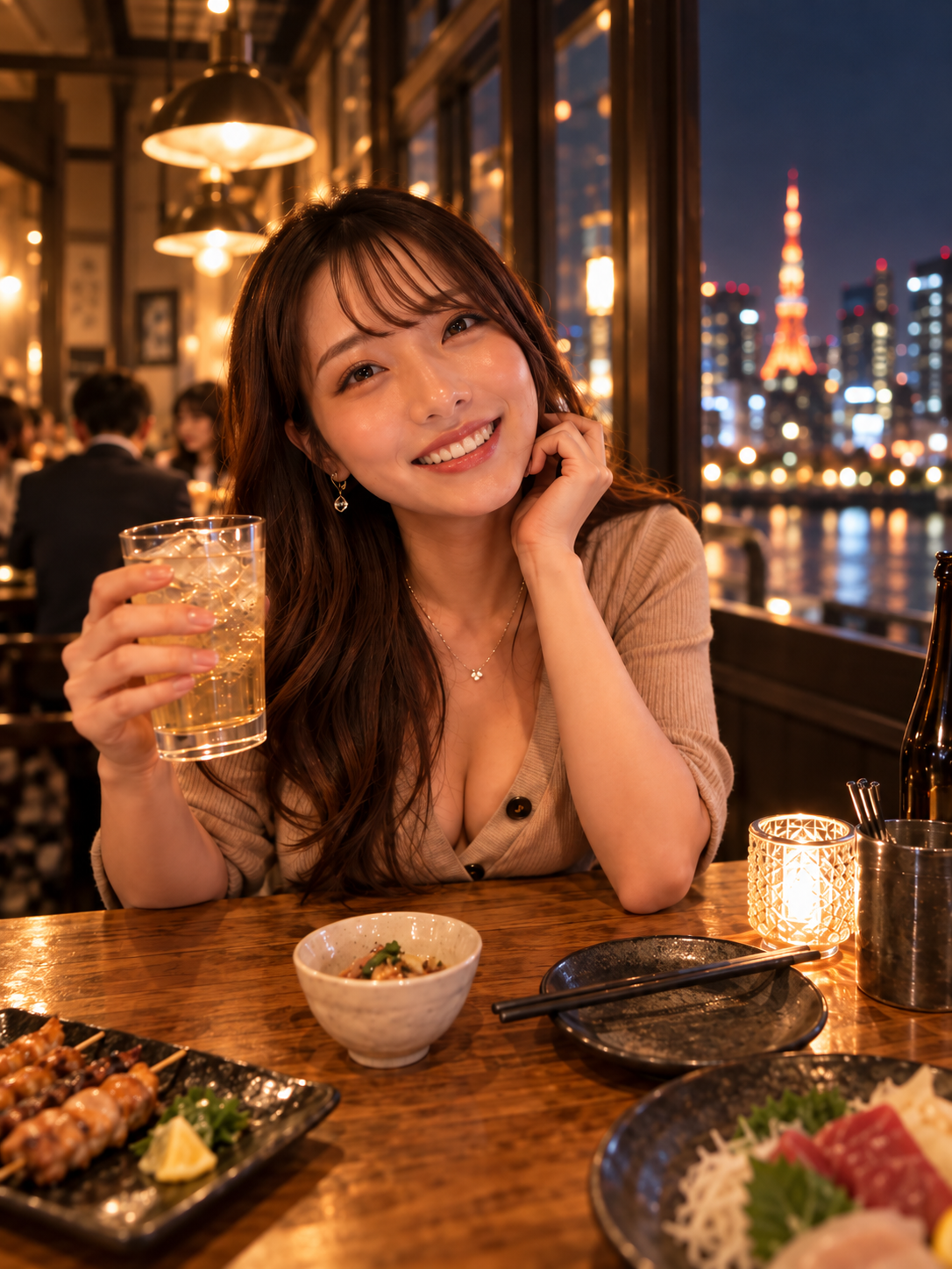 飲食店で微笑みながらグラスを掲げる女性の利用イメージ